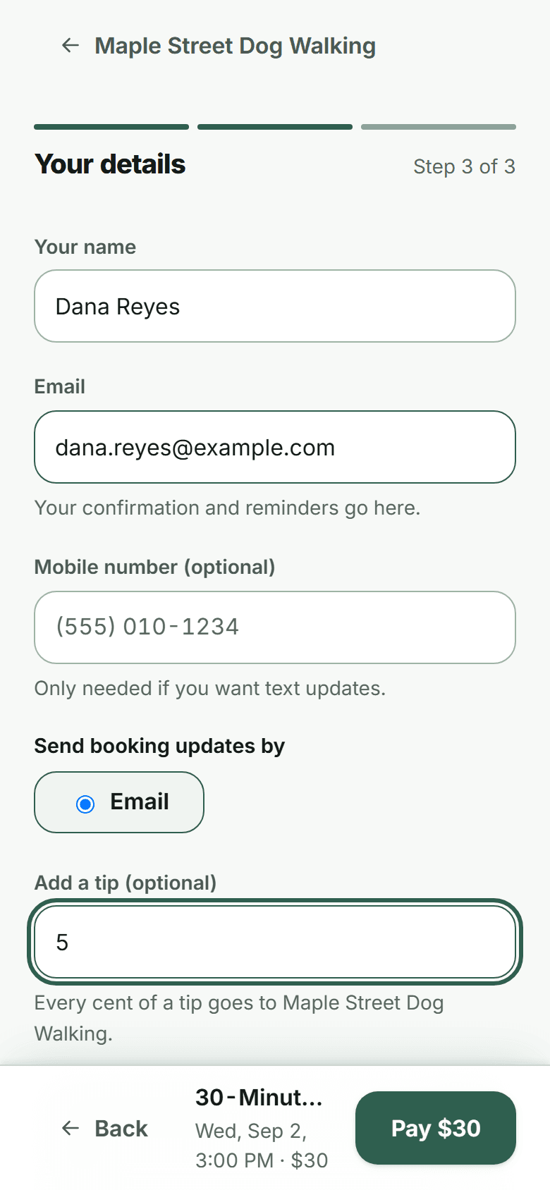 Card payments and tips: a real PackRounds screen